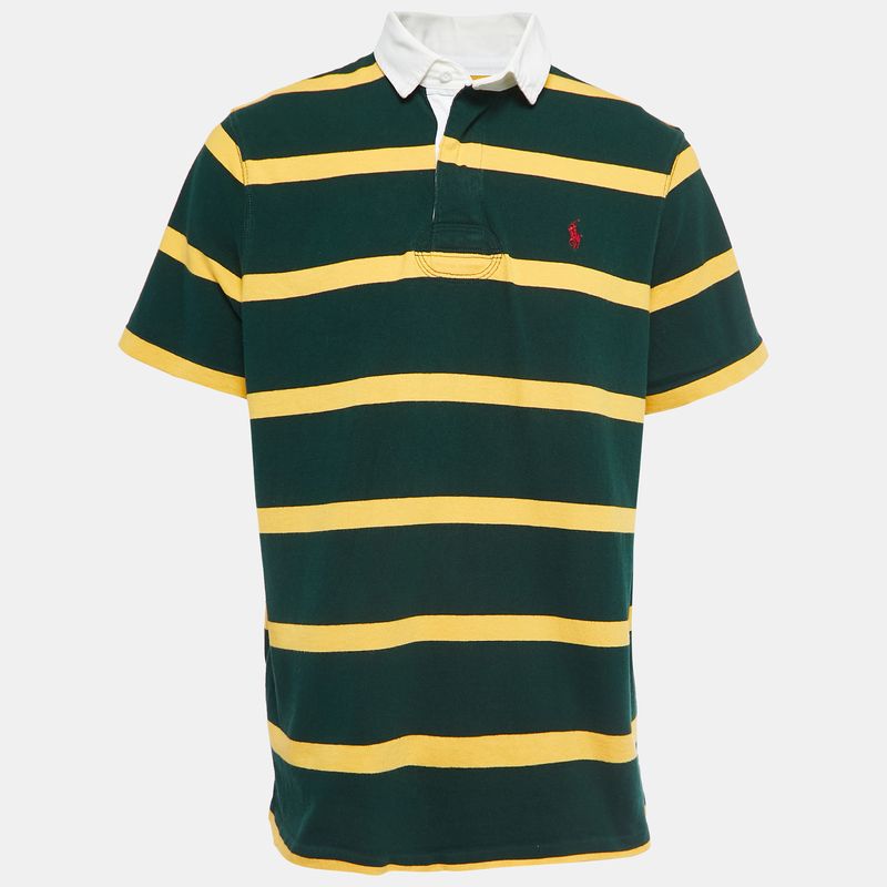 Polo Ralph Lauren Green  Yellow Striped Cotton Knit Contrast Collar TShirt L